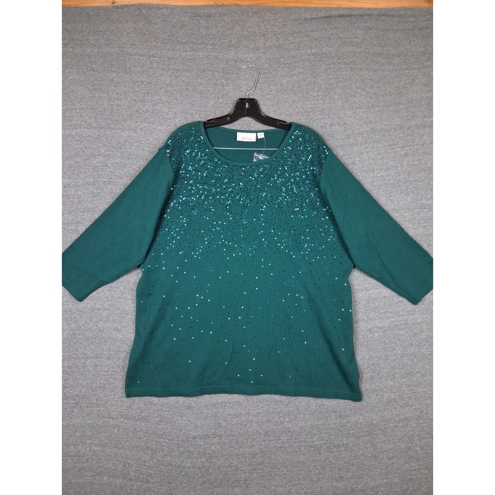 Quacker Factory Womens Shirt 1X Greem Sequin Knit Art Casual Capsule Office